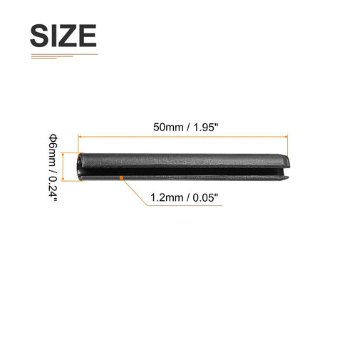 6mm x 50mm Slotted Spring Pin 50 Pack In Black Finish, 65Mn Steel Dowel Roll Pin For Home Workshop And Machinery, side view