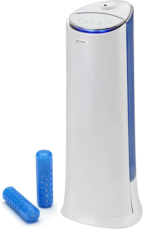 Universal Aquastick Humidifier Treatment For Ultrasonic And Evaporative Units, Two Blue Refill Sticks Next to White Humidifier