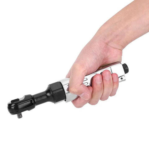 Wicked Smooth Aluminum Pneumatic Ratchet Wrench With A Quarter Inch Square Drive and 25 Ft Lbs Adjustable Torque Lever being held in hand.