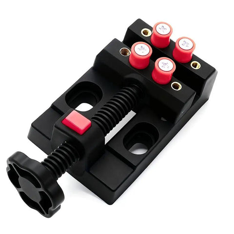 Compact Bench Vise Clamp With Handy Ergonomic Handle And Precision Mechanism, Flat Opening For Watch Repair, Jewelry Making, Sculpture And DIY Projects, Locking System, Small Vise Tool For Crafts And Electronics, black and red