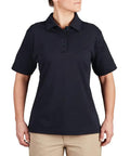 Women's Short Sleeve Cotton Polo Shirt Built For The Daily Grind With Sick Comfort Straight Up Ntoa Approved First Responder Gear Kickass Uniform Fit In Midnight Navy Xxl worn by a woman, front view.