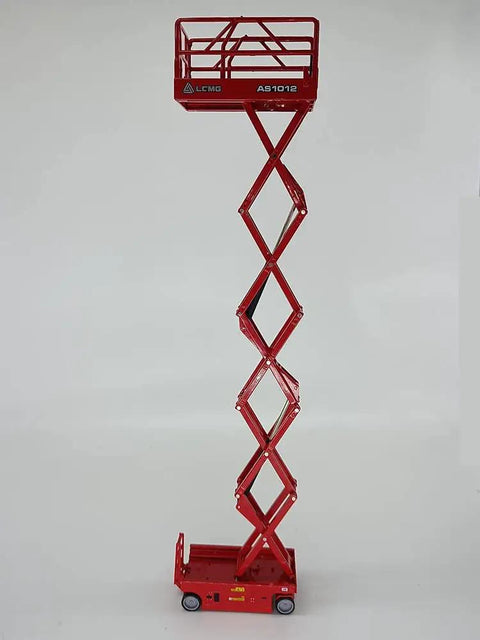 1 30 Scale Self Propelled Scissor Lift Model With Extendable Cylinders Push To Glide Skid Proof Deck Built In Access Ladder Hella Rugged Red Work Platform Replica For Garage Shelves, upright view with extended scissor arms.