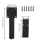 16 Piece Iron Gate Latch And Heavy Duty Fence Lock With Gravity Bolt Design, black metal parts with screws and dimensions.
