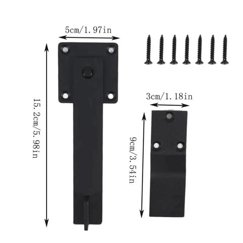 16 Piece Iron Gate Latch And Heavy Duty Fence Lock With Gravity Bolt Design, black metal parts with screws and dimensions.
