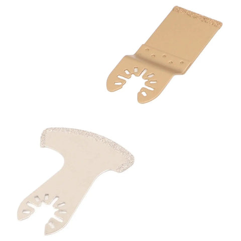 Two blades from Six Piece Oscillating Saw Blade Set With Diamond Cemented Carbide Blades For Ceramics Tile Concrete Polishing DIY Friendly Pro