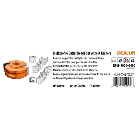 Multiprofile Cutter Heads Set without Limiters showing 13 pieces, 3-1/8 inch diameter and 3/4 bore for woodworking.