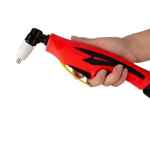 Hand holding red Air Plasma Cutting Hand Torch Gun For PT31 Systems Pro Grade With Wide Compatibility To Cut 40 40D LGK presented in side view.