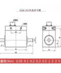 Technical diagram of Rock Solid 3 Nm Rotary Torque Sensor for driveshaft and engine testing, showing dimensions and specifications.
