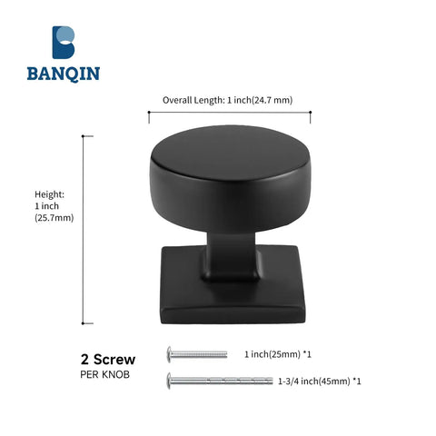 Black aluminum alloy knob with square base, 1-inch size, part of 25 Pack Black Cabinet Knobs for Cabinets and Drawers.