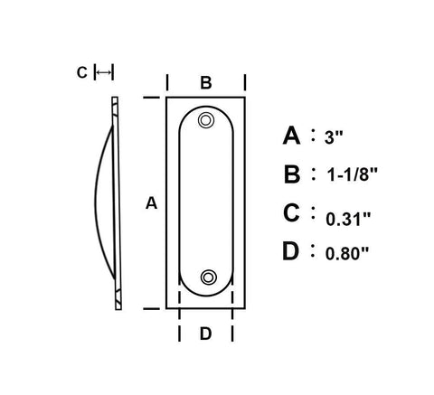 Technical diagram of Solid Brass Rectangular Flush Pull Handle For Cabinets And Doors 3 X 1-1/8 X 3/8 Inches Matte Black Finish with dimensions.