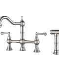 8 Inch Centerset Bridge Kitchen Faucet With Brass Side Sprayer, Brushed Nickel Finish, Dual Handles, 4 Hole Deck Mount