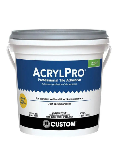 Easy To Use Acrylic Ceramic Tile Mastic Adhesive One Gallon For Pro Grade Floor Tile Bonding Quick Set And Strong Hold On 8 By 8 Ceramic Tiles A Workhorse For Home Reno Projects on a white bucket with blue label
