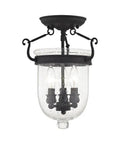 Jefferson 3 Light Ceiling Mount Fixture In Black Finish With Traditional Steel Build, clear seeded glass, classic lighting