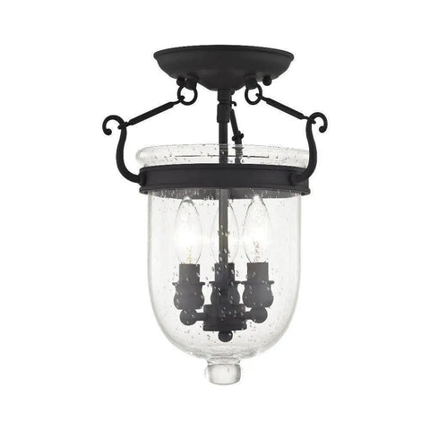 Jefferson 3 Light Ceiling Mount Fixture In Black Finish With Traditional Steel Build, clear seeded glass, classic lighting