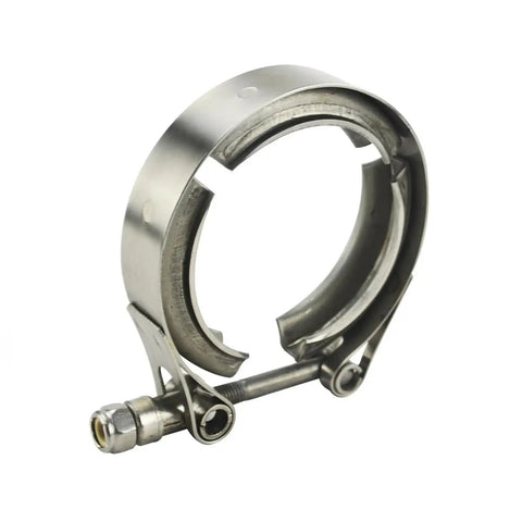 Sick 304 Stainless Steel Exhaust V Band Clamp Engineered For Extreme Heat Drag Racing And Street Builds With Rock Solid Seal And Zero Leakage Two Inch Diameter shown from the side view.