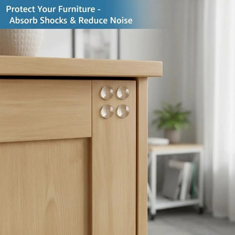 164 Pc Clear Silicone Cabinet Bumper Pads Self Adhesive Drawer Protectors applied on wooden furniture corner for noise reduction.