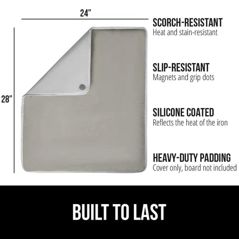 Heavy Duty Ironing Board Pad With Silicone Coating, 400 Degree Heat Resistant Thick Padding, 28x24, features and dimensions visible