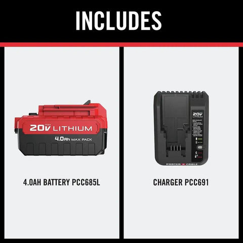 Real Deal 20V Max 4 Ah Lithium Ion Battery Plus Rapid Charger Starter Kit, 4.0Ah battery and charger displayed side by side.