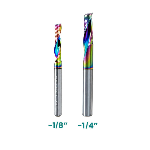One Quarter Inch Single Flute End Mill With TAC Coating Anti Adhesion For Aluminum Alloys Copper Alloys Titanium Alloys Milling Cutter HRC45 Three Quarters Inch Cutting Edge Length Two And A Half Inch Overall Length Five Pack, shown in front view with focus on TAC coating