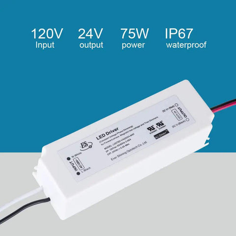24V Dimmable LED Driver For LED Strip Lighting, 75W Power Supply With Triac Dimming, IP67 Waterproof, white rectangular casing, multiple cables