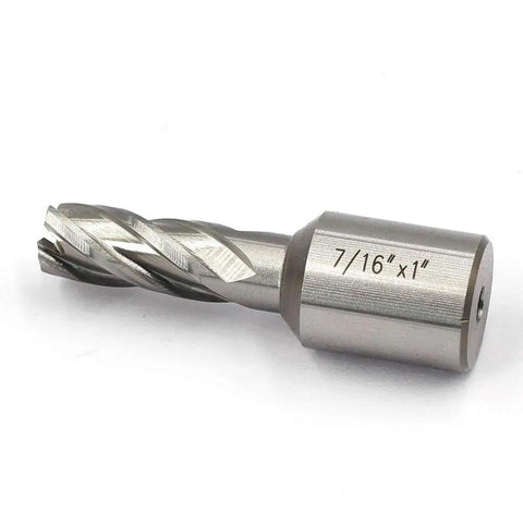 Heavy Duty High Speed Steel Annular Cutter With Rock Solid Weldon Shank And One Inch Cut Depth Slices Through Steel Like Butter On Magnetic Drills Milling Machines 7 16 Inch, showing a close-up view of the cutter.