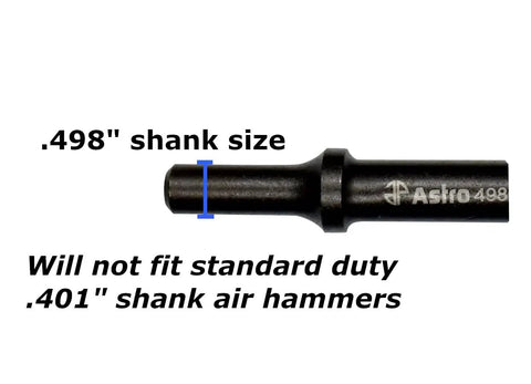 Close-up of 18-Inch Pneumatic Hammer Bit With 0.498-Inch Shank, Heat-Treated CRO-MO, black finish, highlighting shank size details.