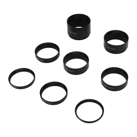 Extension Tube Kit With M48 Threads On Both Sides For Cameras And Eyepieces Offering 3 5 7 10 12 15 20 30mm Focal Lengths To Eliminate Focus Problems And Stray Light For Astro Telescope Photography showing 8 aluminum tubes on white background.