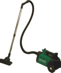 Lightweight Portable Canister Vacuum Delivering Beefy Suction And Dead Quiet Operation For Rough Daily Work Includes Eight Piece Tool Kit To Bust Through Grime Without The Headache Smooth Handling In Green And Black positioned upright with hose and wand.