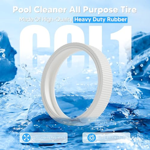 Upgraded Rubber Tire With Treads Replacement For Pentair Legend Pool Cleaner Wheel Rubber Tire Set For Automatic Pool And Spa Cleaner LL105 LL505G LL505GG 360007 LLC1 4 Pack, showing a single tire against a water-themed background.