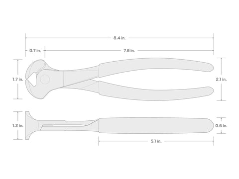 Technical diagram of 8 Inch End Cutting Pliers For Nails Screws Wires And Staples With Induction Hardened Blades And Overhanging Jaws