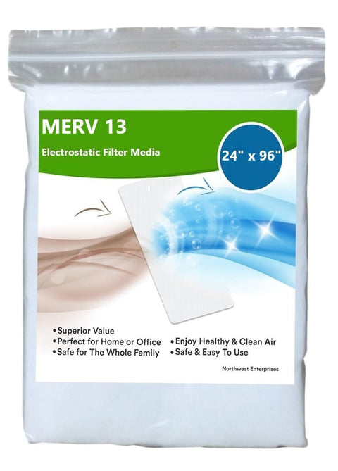 Product packaging for Premium MERV 13 Filter Media Cut To Fit Washable Air Filter For Home Office And Industrial Use 24 By 96