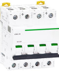 Heavy Duty Small DC Circuit Breaker 4 Pole C Curve 63 Amp Miniature Switch with panel mount and clear switching design.