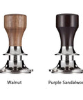 Top Tier 51mm Stainless Steel Coffee Tamper With Adjustable Calibration And Anti Deviation Base For Consistent Espresso Compaction That Seriously Shakes Up Your Home Cafe Game, featuring walnut and purple sandalwood handles.