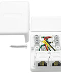 Dual Port Surface Mount Phone Jack Box Featuring Rock Solid Rj11 Terminals For Hassle Free Wall Wiring with screw and cover
