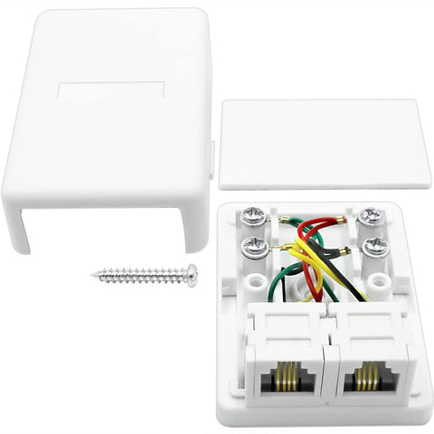 Dual Port Surface Mount Phone Jack Box Featuring Rock Solid Rj11 Terminals For Hassle Free Wall Wiring with screw and cover