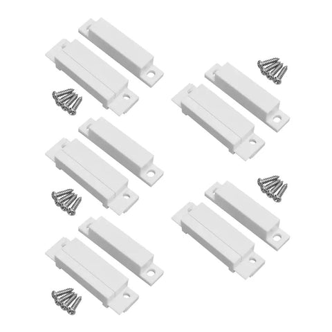 Five Pack Surface Mounted NC Magnetic Door Contact Sensors For Alarm Systems Easy Screw In Install with mounting screws visible