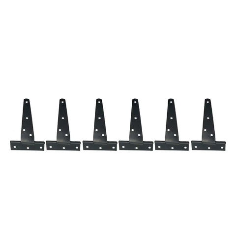 5 Inch T Strap Hinges Galvanized Iron Gate Hinge Set With Slotted Bearings 6 Pack lined up on white background