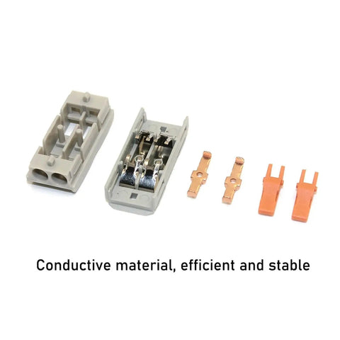 Quick Push-In Wire Connector Kit Fast Tool-Free Terminal Block For Splicing Solid Stranded Copper Conductors In Home Projects And Lighting Installations Flame-Retardant Pa66 Housing With Tin Plated Contacts Rated For High Current Up To 32 Amps. gray 2-wire terminal block with copper contacts
