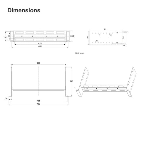 Technical drawing showing dimensions for Depth Adjustable 19 Inch Rack Mount Din Rail Rack Ready Chassis With Aluminum Bracket