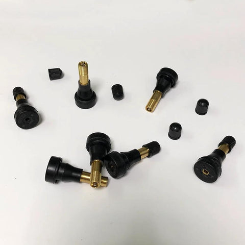 Heavy Duty High Pressure Tire Valve Stems 10 Pack Snap In Rubber Valves for 0.453 Inch Rim Holes shown on white background