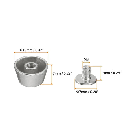 Premium Silver Tone Flat Head Rivet Studs Screw Back Setting Solid Alloy Hardware For Leather Crafting Projects showing 12mm base and 7mm height.