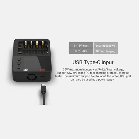 Six Slot Smart Battery Charger And Analyzer With LCD Display For AA AAA 18650 Rechargeables, USB-C fast charging input shown