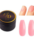 HEMA Free Warm Pink Hard Gel For Nails jar with pink nail samples showcasing glossy finish and strong adhesion