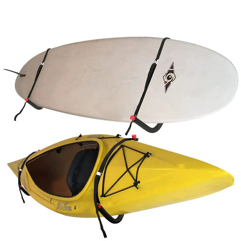 Big Time Heavy Duty 4 Pack Kayak Storage Racks Wall Mount Hangers For Canoe Paddleboard SUP And Snowboards Durable Steel Rack System holding a white paddleboard and yellow kayak.