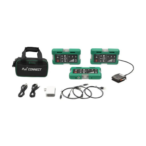 Three Piece Wireless Cable Pulling Signal System With Magnets And Bright LED Visuals For Noise Free Jobsite Comms That Slays Generator Roar And Keeps Teams Locked During Rigging Operations With Durable Waterproof Shell in carry case, showing components.