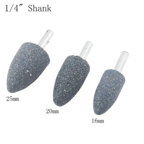 Three aluminum oxide grinding stones with 1/4 inch shank in sizes 25mm, 20mm, 16mm, part of 8 Pcs Assorted Drill Grinding Stones Set