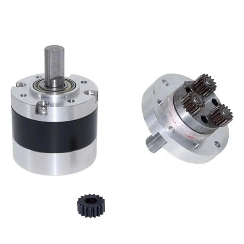 45mm Compact Planetary Gear Reducer With 5mm Input Shaft For 895 Motor Loaded With Serious Torque, silver and black metal design.