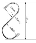 Ten Pack Heavy Duty Stainless Steel S Hooks for Hanging 3.07 Inch S Shaped Hangers with measurements shown.