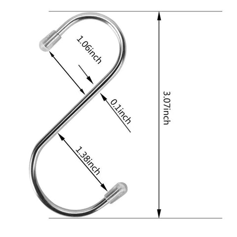 Ten Pack Heavy Duty Stainless Steel S Hooks for Hanging 3.07 Inch S Shaped Hangers with measurements shown.