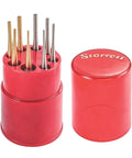 8-piece Drive Pin Punch Set with knurled grip in red plastic box showing visible hardened steel pins.